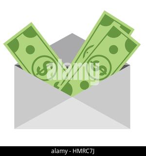 Some dollar bills in white envelope. Send money concept. Flat vector icon. Stock Vector