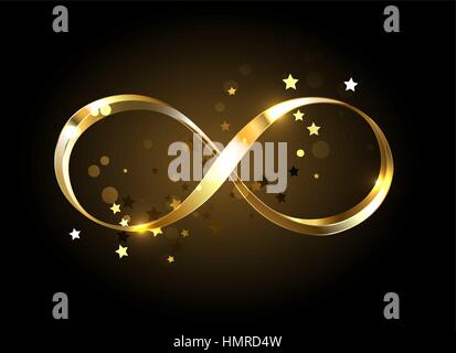Gold, jewelry infinity symbol with gold stars on a black background. Design with gold  star. Stock Vector