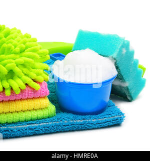 Foam, suds, sponge, microfibre, towels, napkins isolated on white Stock Photo