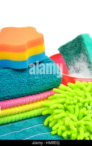 Towels, sponge, microfiber, bowl, supplies for cleaning isolated on white Stock Photo