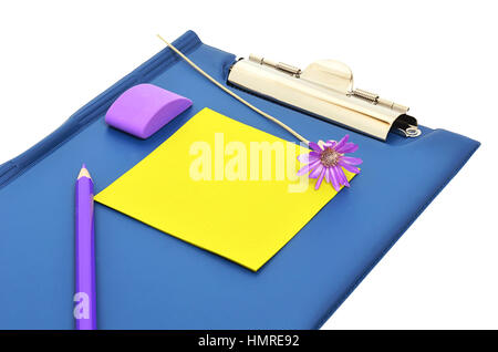 Blue folder, pencil and eraser isolated on the white background Stock Photo