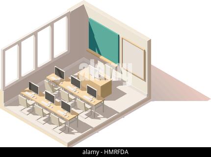 Vector isometric low poly computer classroom Stock Vector