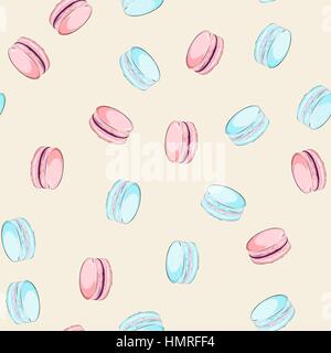 Pattern with french sweet macaroons. Delicious desserts on the pastel background. Can be used in food industry for wallpapers, posters, wrapping paper Stock Vector