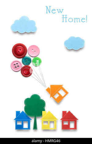Creative concept photo of houses with air balloons made of paper on white background. Stock Photo