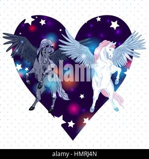 Vintage vector illustration with pair winged pegasus on heart, vintage vector design elements, greeting card Stock Vector