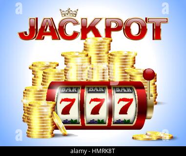 Slot machine with lucky seven and golden coins and red glossy jackpot text with crown on blue background Stock Vector