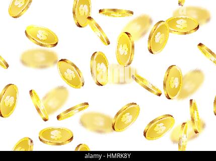 Warm gold coins falling texture isolated on white in different positions. Festive golden shining money shower seamless background Stock Vector