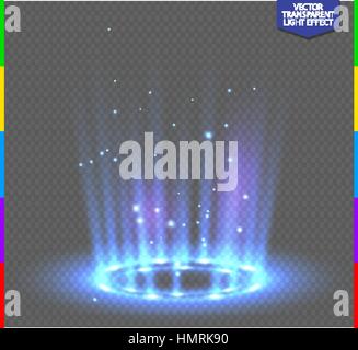 Round blue glow rays night scene with sparks on transparent background. Empty light effect podium. Disco club dance floor. Show party. Beam stage Stock Vector