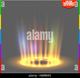 Round yellow glow rays night scene on transparent background. Empty light effect podium. Disco club dance floor. Show rainbow colors. Beam stage Stock Vector