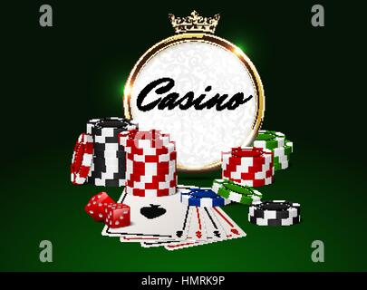 Round casino golden frame with crown, stack of poker chips, ace cards and red dice on green background. Online club emblem Stock Vector