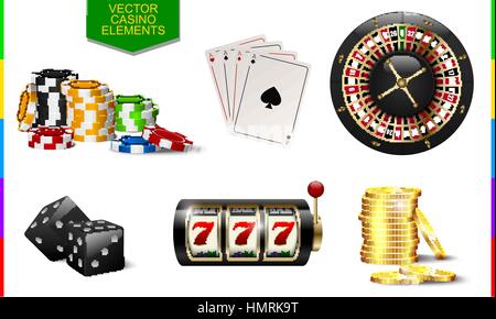 Casino icon isolated on white background. Chip, poker card, roulette, slot machine, coins money and black dice set Stock Vector