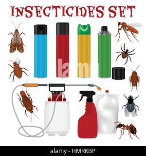Pest control set with tick ant mosquito fly cockroach repellent and insecticide isolated on white background vector illustration Stock Vector