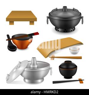 Japanese empty dishes set in realistic style. Different bowls, pans, boards for sushi, chopsticks isolated on white background. Cooking vector illustr Stock Vector