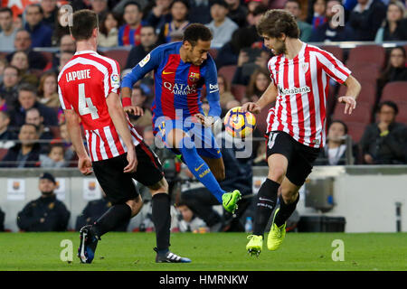 Barcelona, Spain. 4th Feb, 2017. FC Barcelona's Neymar (C) shoots during the Spanish first division soccer match between FC Barcelona and Athletic Club Bilbao at the Camp Nou Stadium in Barcelona, Spain. Barcelona won 3-0. Credit: Pau Barrena/Xinhua/Alamy Live News