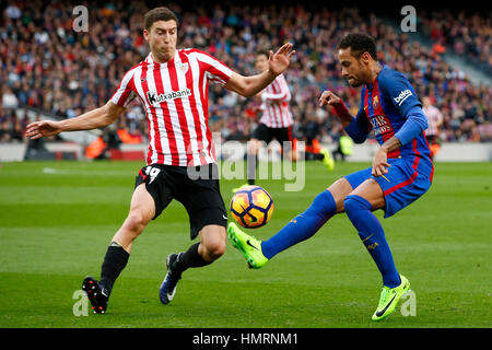 Barcelona, Spain. 4th Feb, 2017. FC Barcelona's Neymar (R) vies for the ball during the Spanish first division soccer match between FC Barcelona and Athletic Club Bilbao at the Camp Nou Stadium in Barcelona, Spain. Barcelona won 3-0. Credit: Pau Barrena/Xinhua/Alamy Live News