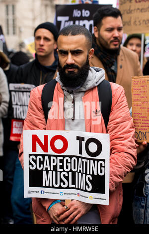 London, UK. 4th Feb, 2017. London, UK. 4th February, 2017. Thousands attend the STOP TRUMP'S MUSLIM BAN protest march through central London, in protest of President Donald Trump's state visit to the UK, calling for Prime Minister Theresa May to retract the invitation. Credit: JOHN GOMEZ/Alamy Live News Stock Photo
