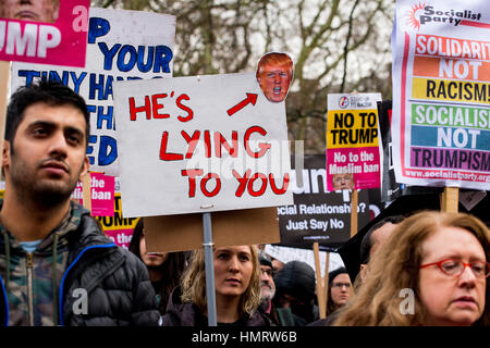 London, UK. 4th Feb, 2017. London, UK. 4th February, 2017. Thousands attend the STOP TRUMP'S MUSLIM BAN protest march through central London, in protest of President Donald Trump's state visit to the UK, calling for Prime Minister Theresa May to retract the invitation. Credit: JOHN GOMEZ/Alamy Live News Stock Photo