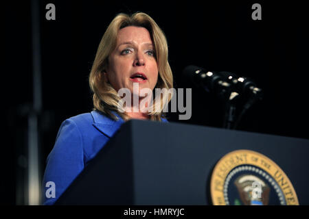 Washington, District of Columbia, USA. 5th Feb, 2015. Secretary of the United States Air Force Deborah Lee James makes remarks at the National Prayer Breakfast at the Washington Hilton Hotel in Washington, DC on February 5, 2015. U.S. and international leaders from different parties and religions gather annually at this event for an hour devoted to faith and prayerr. Photo Credit: Dennis Brack/CNP/AdMedia Credit: Dennis Brack/AdMedia/ZUMA Wire/Alamy Live News Stock Photo