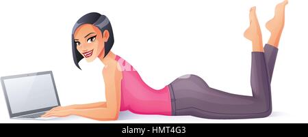 Vector positive young woman working with laptop lying on floor. Stock Vector