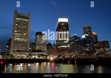 Evening view of Boston Harbor and the financial district of downtown Boston, Massachusetts, United States. Stock Photo