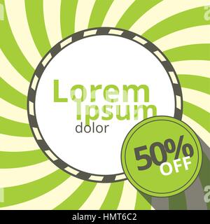 Swirling radial vortex template. White and green stripes swirling around the blank circle in the square background. Discount offer badge in the lower  Stock Vector
