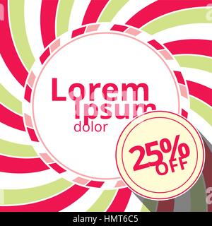 Swirling radial vortex template with discount badge. White, pink and green stripes swirling around blank circle in the square background. Vector illus Stock Vector