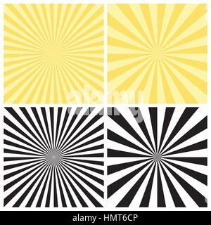 Set of abstract radial sunburst backgrounds. Retro style circular light rays scattered behind. Starburst pattern with radially placed beams. Vector ep Stock Vector