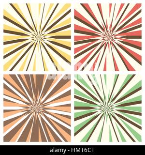 Set of abstract radial sunburst backgrounds. Retro style circular light rays scattered behind. Starburst pattern with radially placed beams. Vector ep Stock Vector