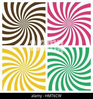 Striped radial vortex backgrounds set. Retro style color spiral stripes swirling around the center of the square. Pattern with swirly rays. Vector eps Stock Vector