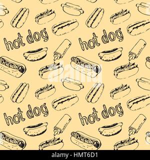 Seamless pattern with hand drawn hot dogs. Fast food background. Seamless texture from sketches of hotdogs with sauce, mayonnaise and vegetables. EPS8 Stock Vector