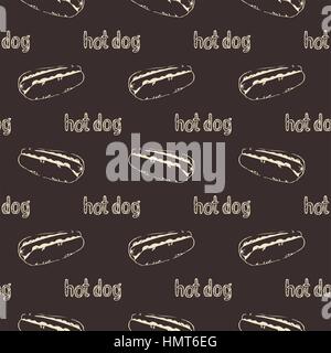 Hand drawn hotdogs seamless pattern. Fastfood texture. Sketchy continuous background of hot dogs with mustard, mayonnaise and vegetables. EPS8 vector  Stock Vector