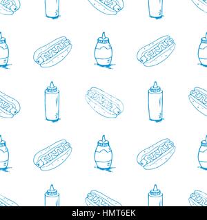 Hotdog seamless texture. Fast food pattern. Continuous background from hand drawn sketches. Hot dogs and plastic bottles with mustard and mayonnaise.  Stock Vector