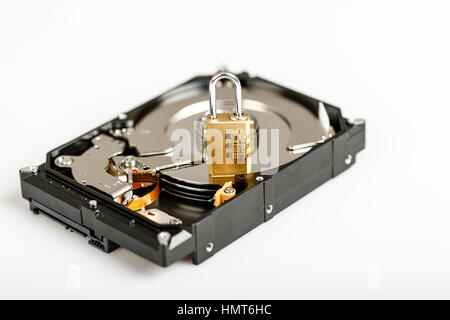 lock on hdd or harddrive, part of computer, cyber security concept, data privacy Stock Photo