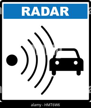 Speed road radar icon. Notice traffic symbol in blue circle isolated on white with text. Vector illustration. Stock Vector