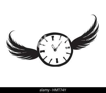 Lost time concept. Doodle watch dial with wings Stock Vector