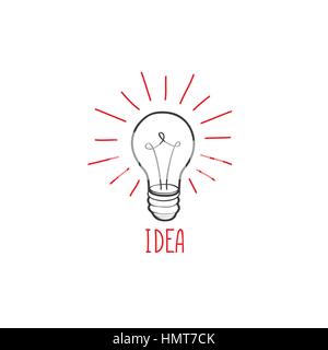Lamp bulb isolated over white background with handwritten lettering. Great idea icon concept. Doodle line hand drawn sketch illustration Stock Vector