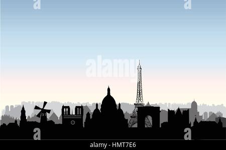 Paris city skyline. French urban landscape. Paris cityscape with landmarks. Travel France background. Vacation in Europe wallpaper with buildings silh Stock Vector