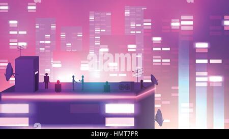 Modern Urban Neon Cityscape scene with Building Silhouettes, Towers and Rooftop Party - Vector Illustration Stock Vector