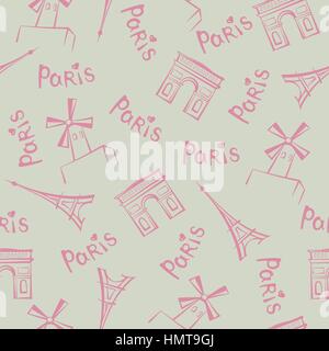 Paris city landmarks and handwritten lettering PARIS seamless pattern. Travel France tile background Stock Vector