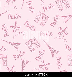 Paris city landmarks and handwritten lettering PARIS seamless pattern. Travel France tile background Stock Vector