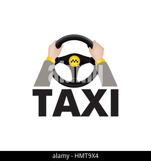 Taxi driver hands holding steering wheel with lettering TAXI. City car transportation service sing or logo Stock Vector