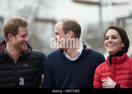 London, UK. 5th February, 2017. The Duke and Duchess of Cambridge and Prince Harry join a training day at the Queen Elizabeth Olympic Park with the runners taking part in the 2017 London Marathon for Heads Together, the official charity of the year. © Guy Corbishley/Alamy Live News Stock Photo