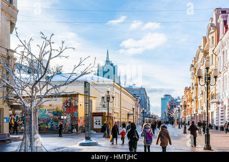 Moscow, Russia. 5th Feb, 2017. Unidentified people walk along Arbat street. This pedestrian street is one of the major tourist attractions of the city. The temperature is about -10 degrees Centigrade (about 14F), so not very many tourists. © Alex's Pictures/Alamy Live News Stock Photo