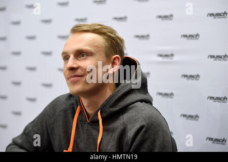 Munich, Germany. 5th Februrary, 2017. Henrik Kristoffersen, Norwegian alpine skier and Olympic medalist, appears at the booth of the company Reusch on the ISPO winter sports tradefair in Munich, Germany on the opening day. Stock Photo