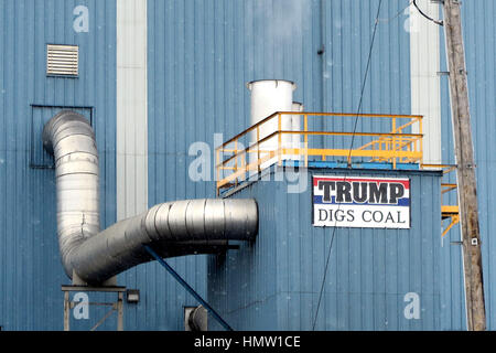 Hazleton, Us. 02nd Feb, 2017. A sign with the words 'Trump digs coal' can be seen on a factory building in a coal mining area in Hazleton, Pennsylvania, US. The city has many citizens of Latin American descent. It sits within a district where resident overwhelmingly voted for the Republican Donald Trump. Photo: Maren Hennemuth/dpa/Alamy Live News Stock Photo