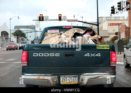 Hazleton, Us. 02nd Feb, 2017. A Trump bumper sticker on a pick-up truck can be seen in Hazleton, Pennsylvania, US. The city has many citizens of Latin American descent. It sits within a district where resident overwhelmingly voted for the Republican Donald Trump. Photo: Maren Hennemuth/dpa/Alamy Live News Stock Photo