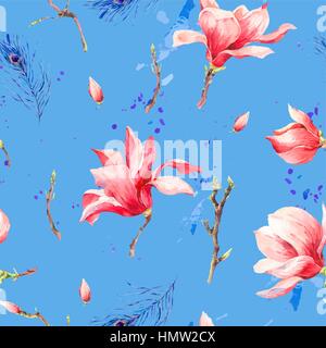 Vintage Watercolor Seamless Pattern with Blooming Flowers Magnolia, Twigs and Peacock Feather, Vector natural Illustration Stock Vector