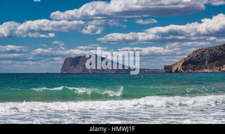 Calpe is a coastal town located in the comarca of Marina Alta, in the province of Alicante, Valencian Community, Spain, by the Mediterranean Sea. Stock Photo