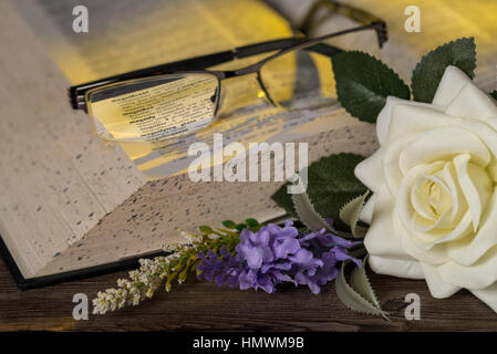 Glasses and book still life.  I lit this shot using a flash in a small softbox camera left, with a small white reflector close to the flower. The yell Stock Photo