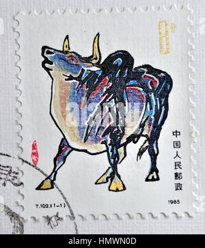 CHINA - CIRCA 1985: A stamp printed in China shows T102 zodiac new year ox. circa 1985. Stock Photo